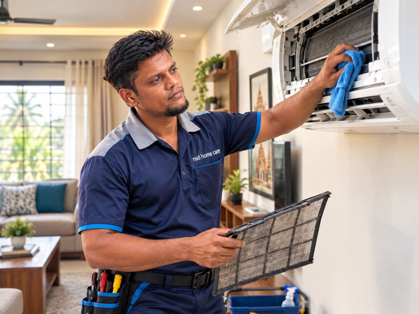 NSD Home Care technician cleaning a split AC indoor unit in Chennai