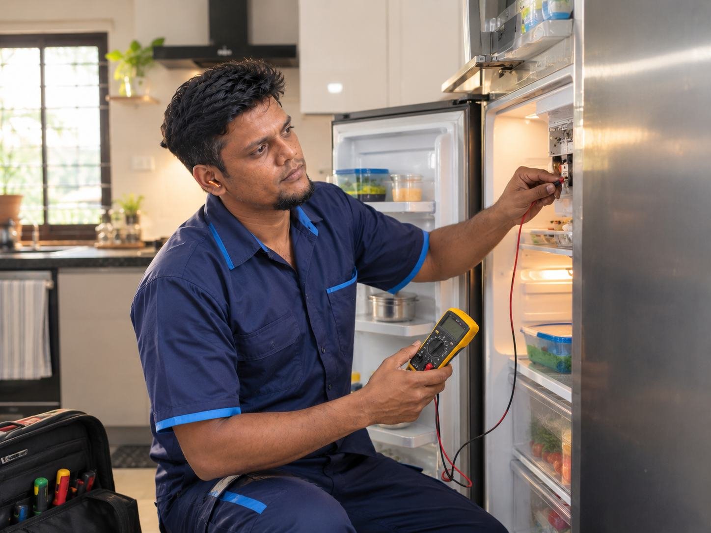 Technician testing a refrigerator with a multimeter in a Chennai kitchen
